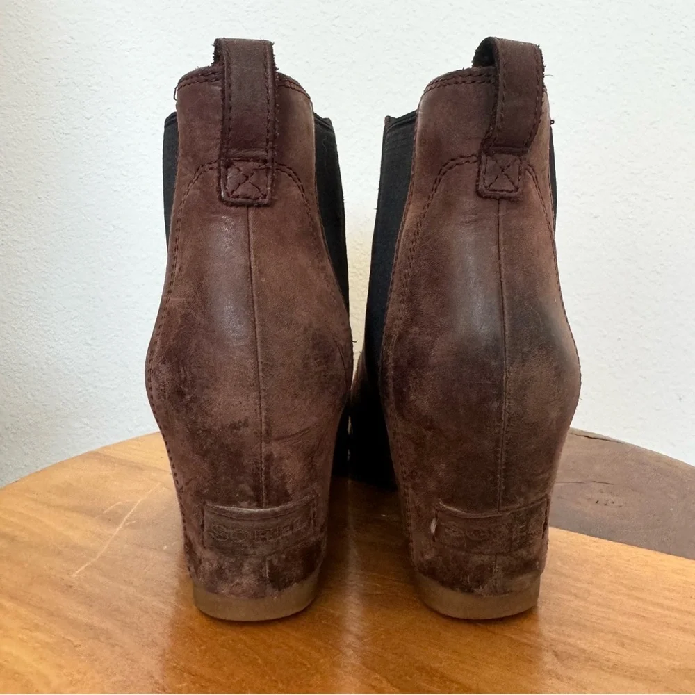 Sorel Lea Burgundy Wedge Booties Leather Pull On Boots Outdoor Fall Winter
